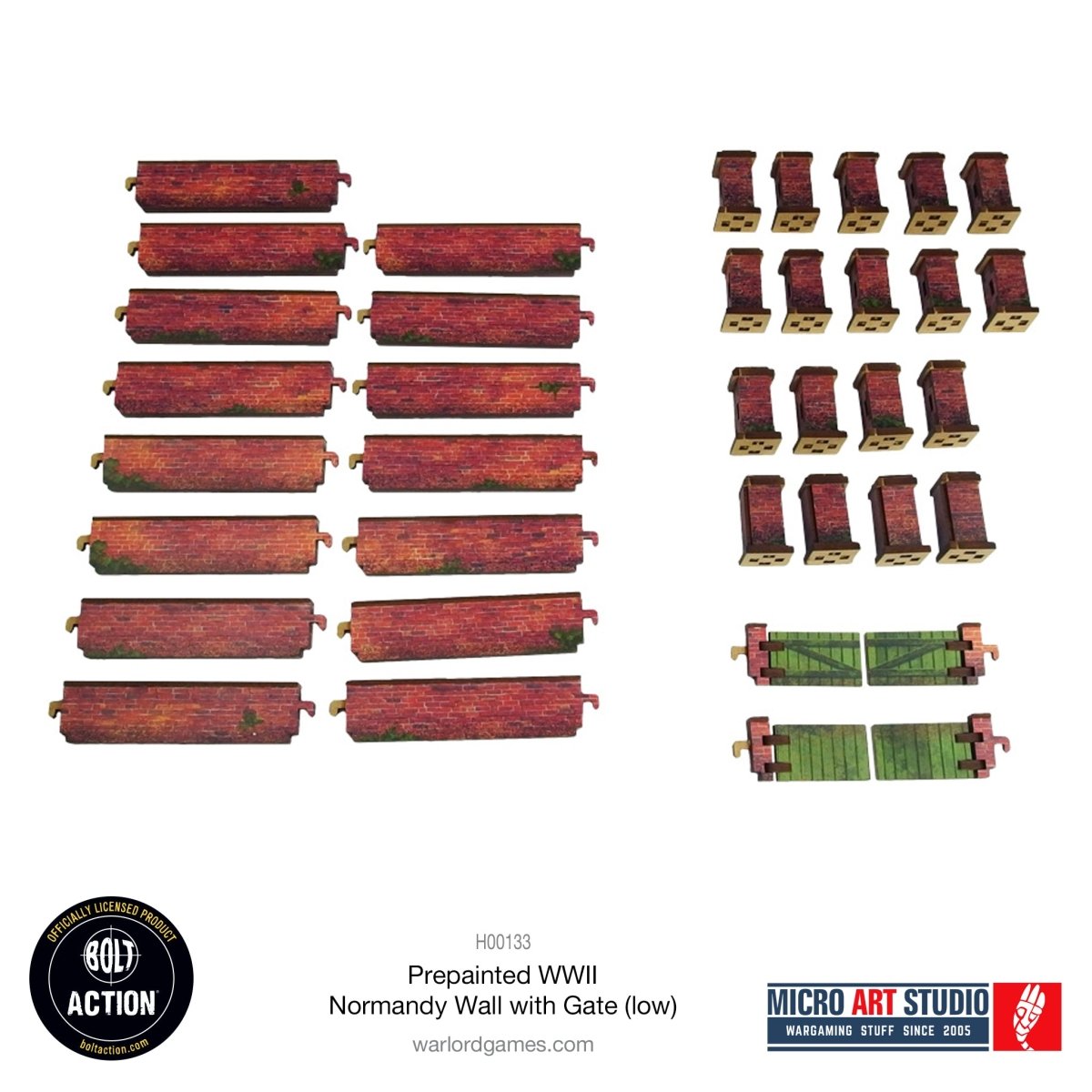 Bolt Action: Pre - painted WW2 Normandy Walls with Gate (low) - Fog of Wargames -