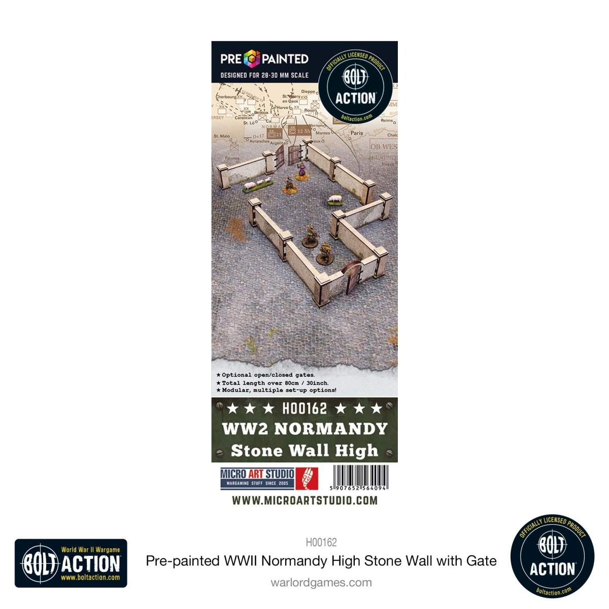 Bolt Action: Pre - painted WWII Normandy High Stone Wall with Gate - Fog of Wargames -