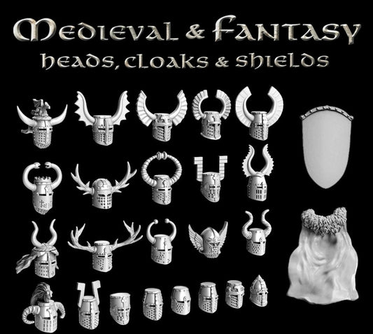 Medieval & Fantasy Heads, Cloaks & Shields - Fog of Wargames - 